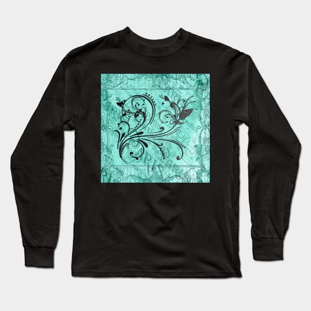 Paris Teal & Black Scroll, Butterfly Graphic Art Design face masks, Phone Cases, Apparel & Gifts Long Sleeve T-Shirt by tamdevo1